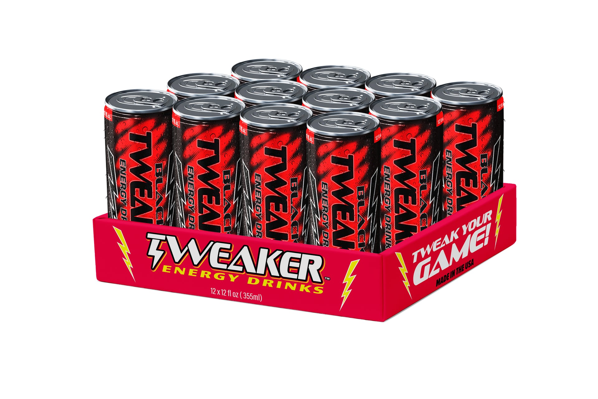 Image shows 12 pack case of Tweaker Energy Drink, Black flavor