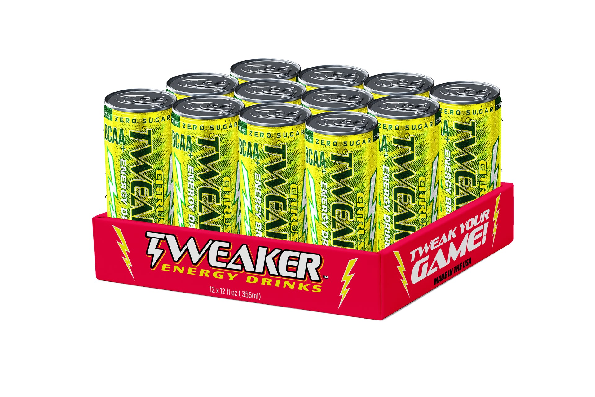 Image shows 12 pack case of Tweaker Energy Drink, Citrus flavor