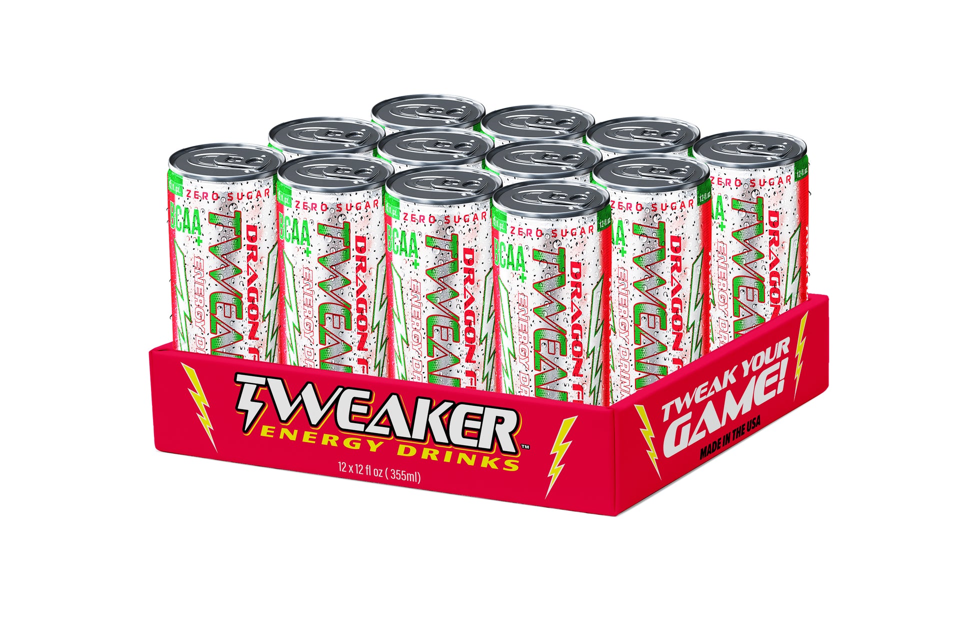 Image shows 12 pack case of Tweaker Energy Drink, DragonFruit flavor