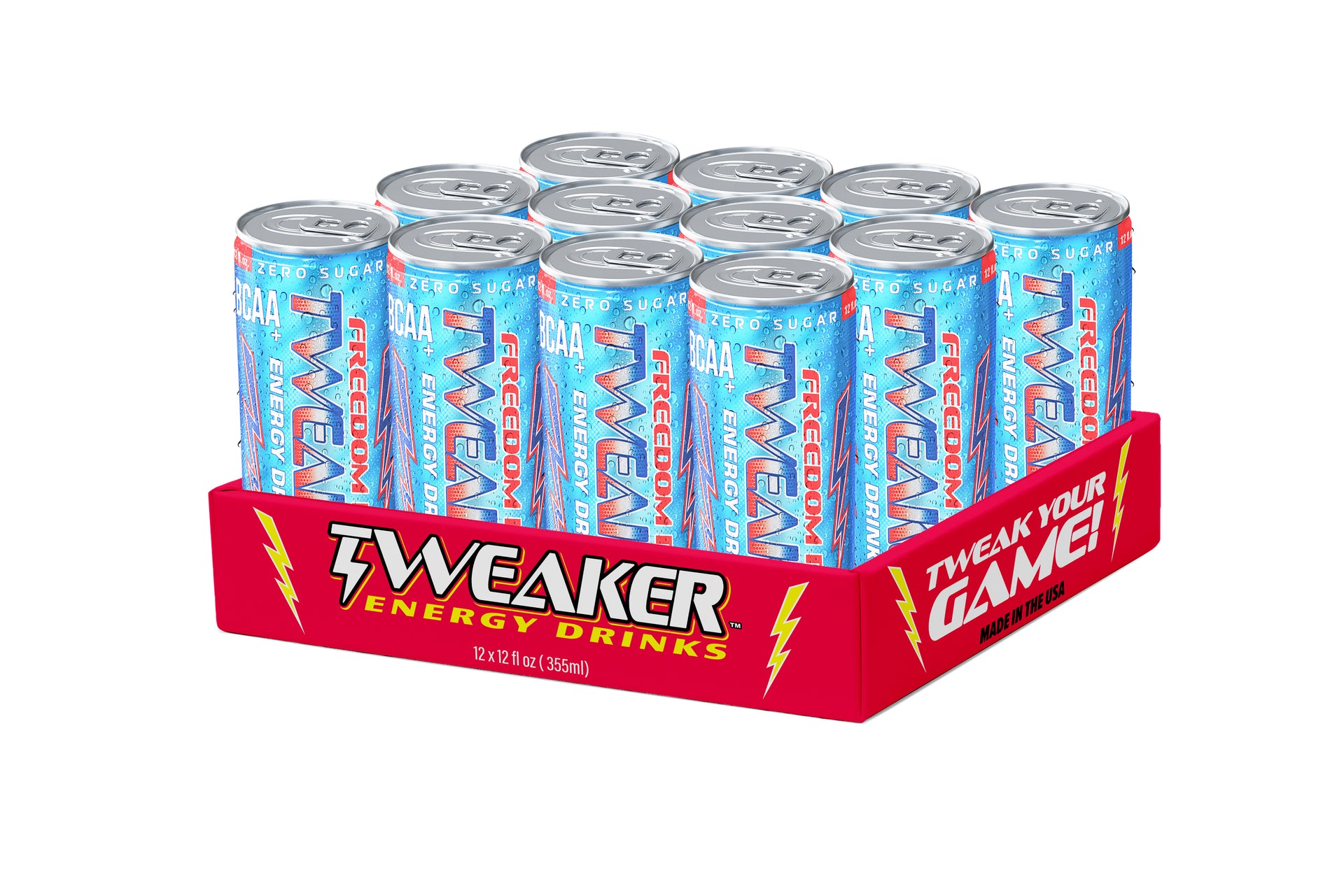 Image shows 12 pack case of Tweaker Energy Drink, Freedom Pop flavor