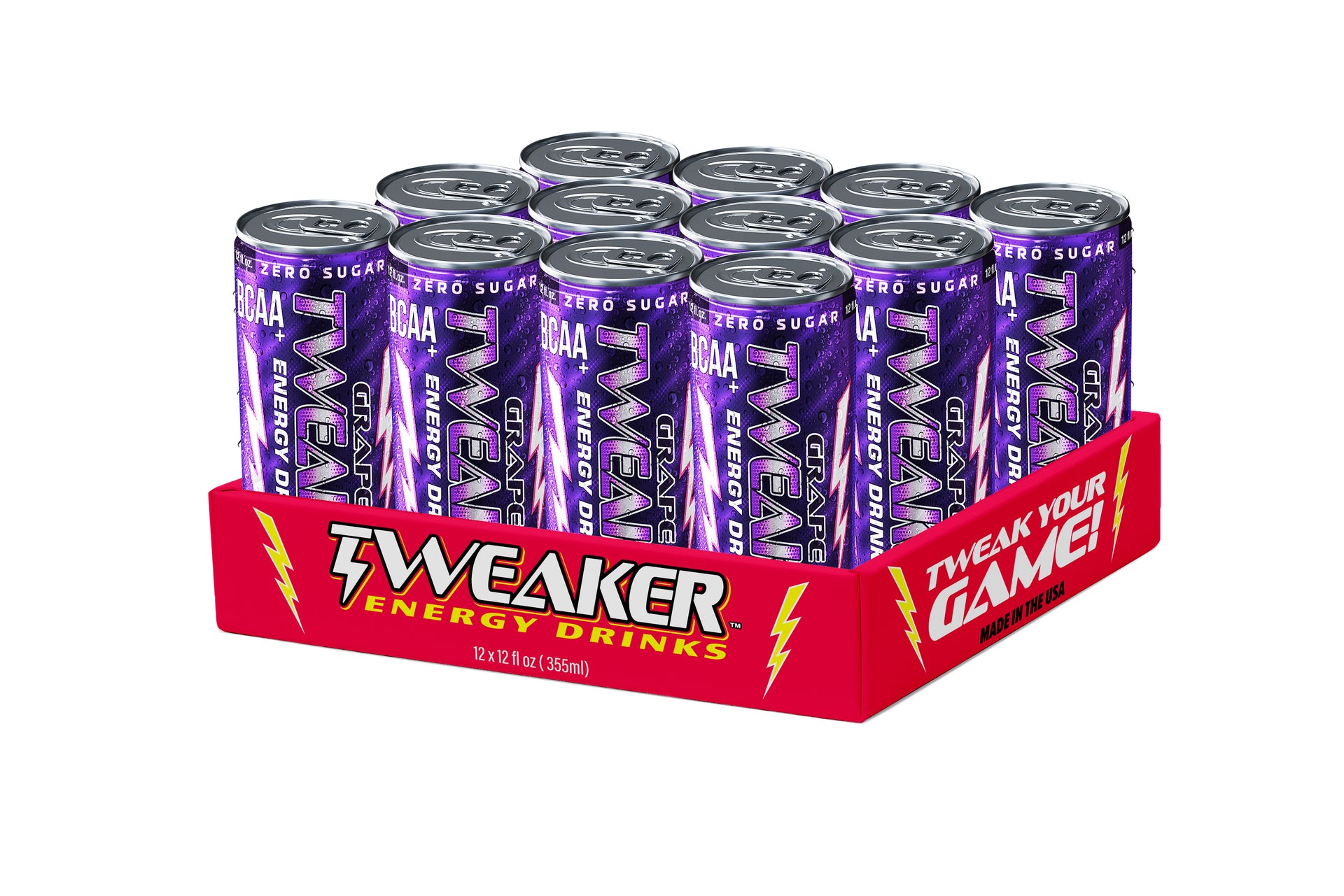 Image shows 12 pack case of Tweaker Energy Drink, grape flavor