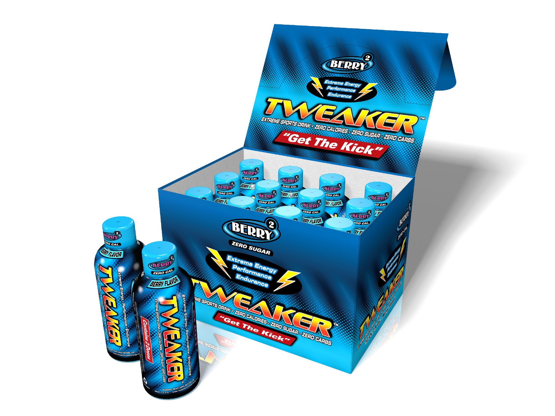 Image shows 12-ct caddy of Tweaker Energy Shot, Berry Flavor