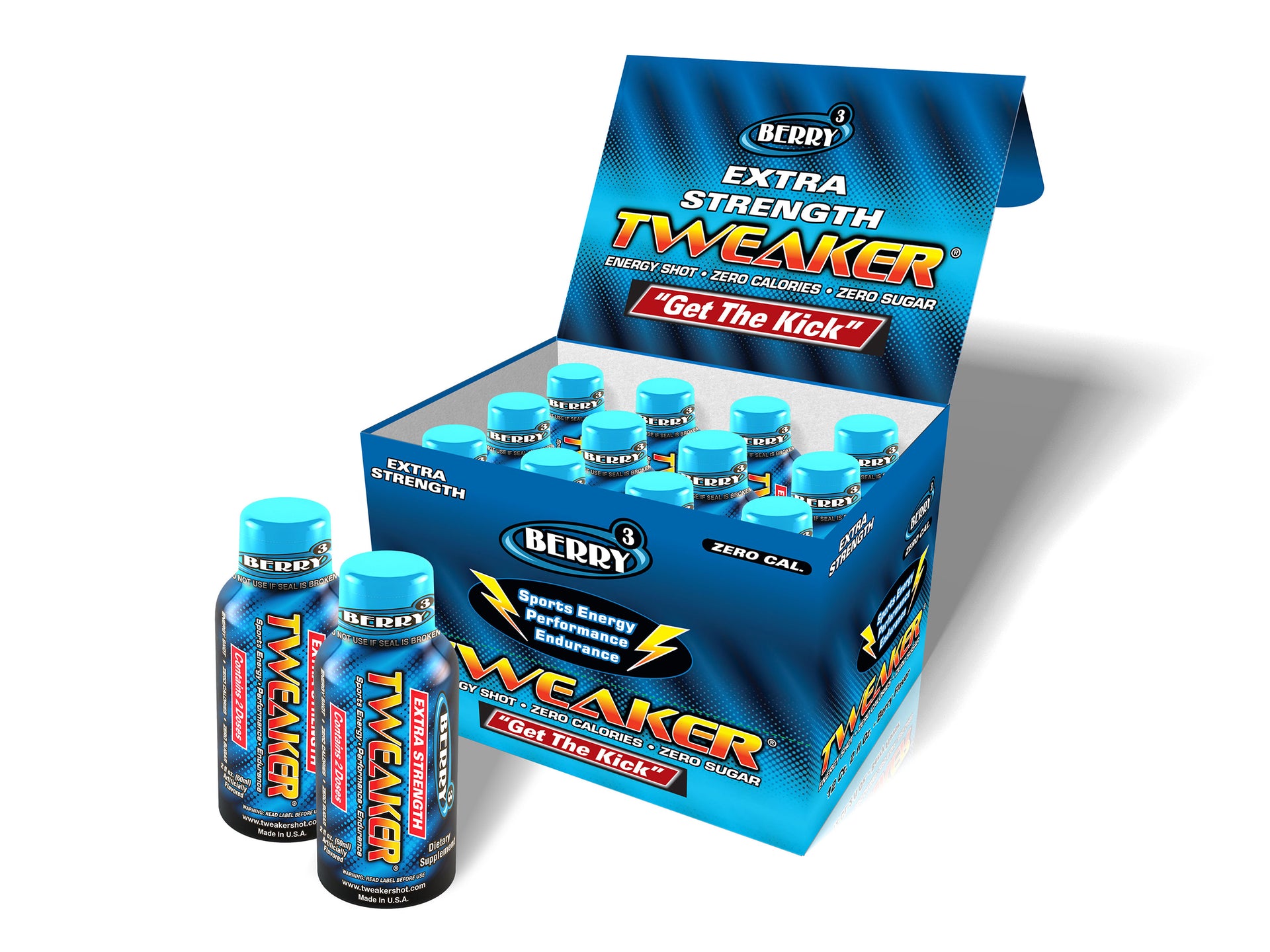 Image shows 12-ct caddy of Extra Strength Tweaker Energy Shot, Berry Flavor
