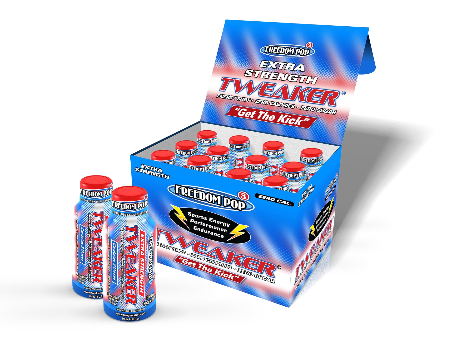 Image shows 12-ct caddy of Extra Strength Tweaker Energy Shot, Freedom Pop flavor