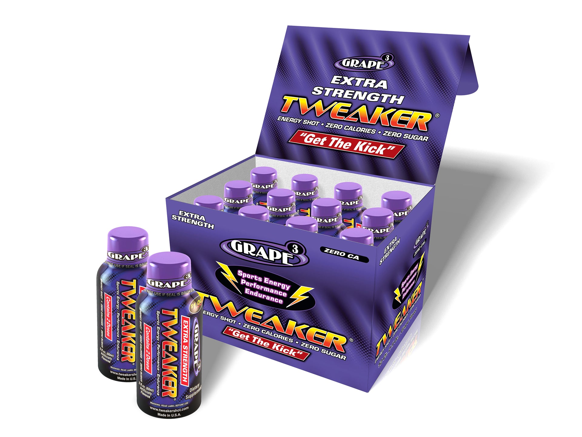 Image shows 12-ct caddy of Extra Strength Tweaker Energy Shot, Grape flavor