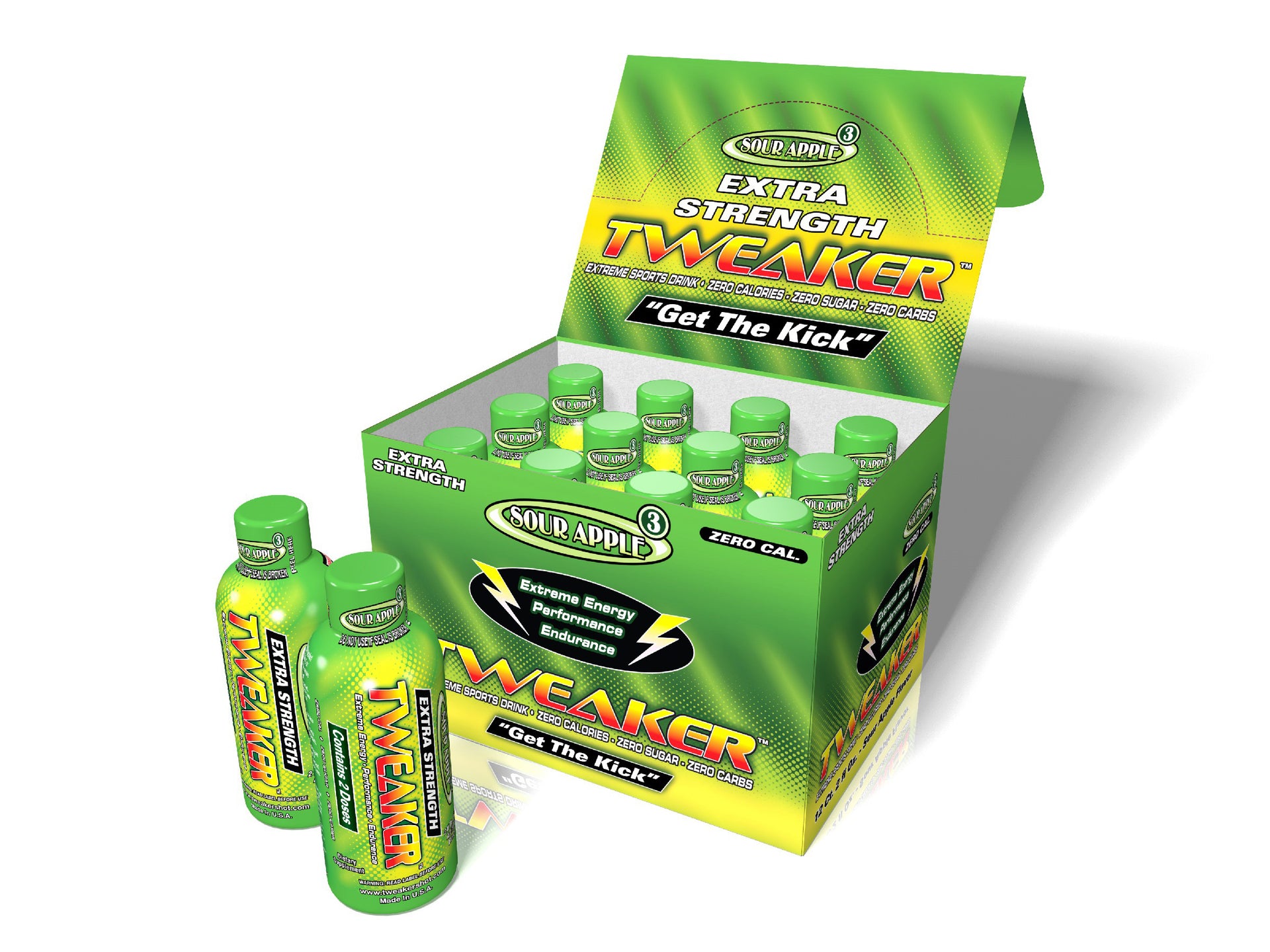 Image shows 12-ct caddy of Extra Strength Tweaker Energy Shot, Sour Apple flavor