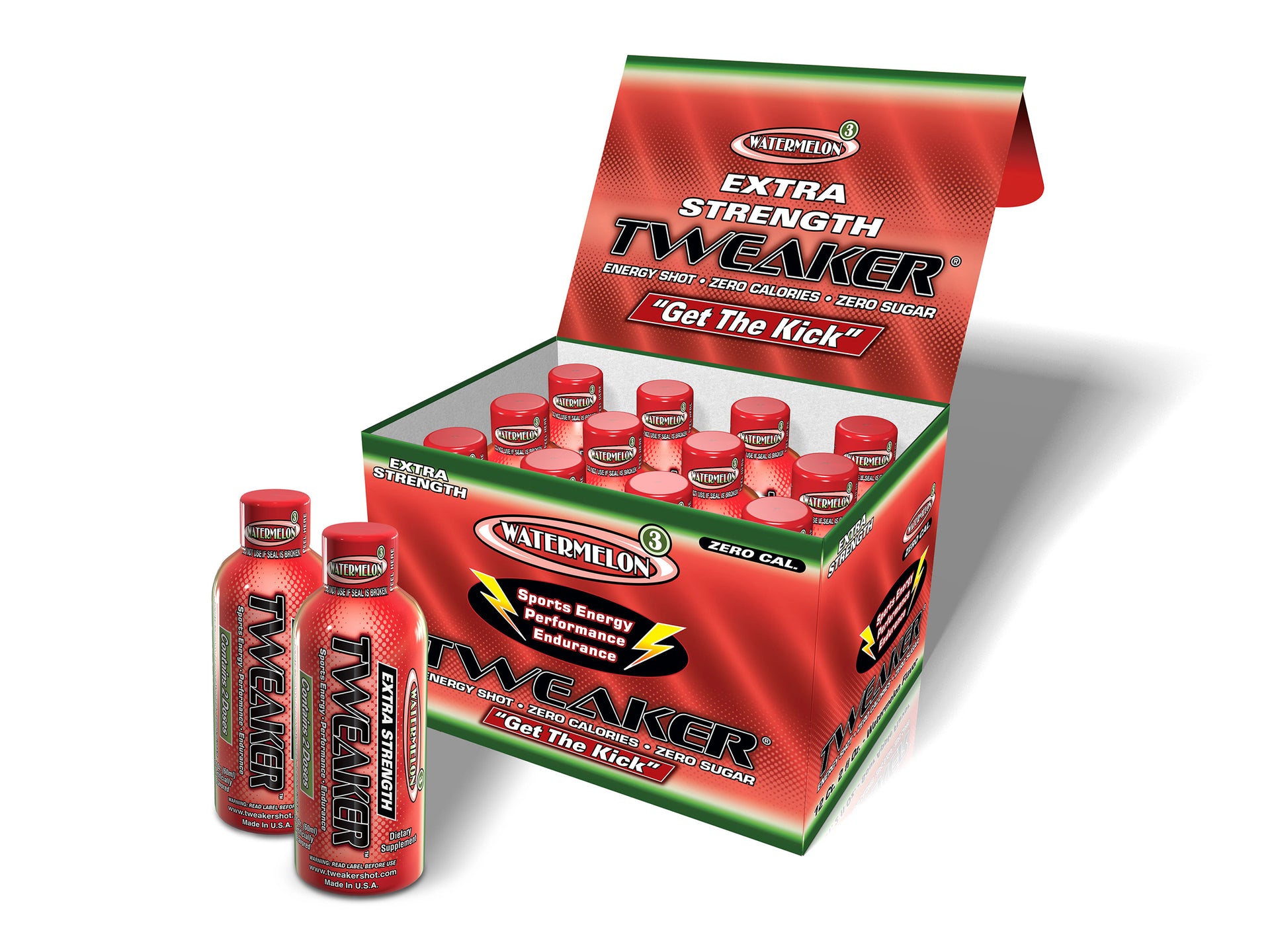 Image shows 12-ct caddy of Extra Strength Tweaker Energy Shot, Watermelon Flavor