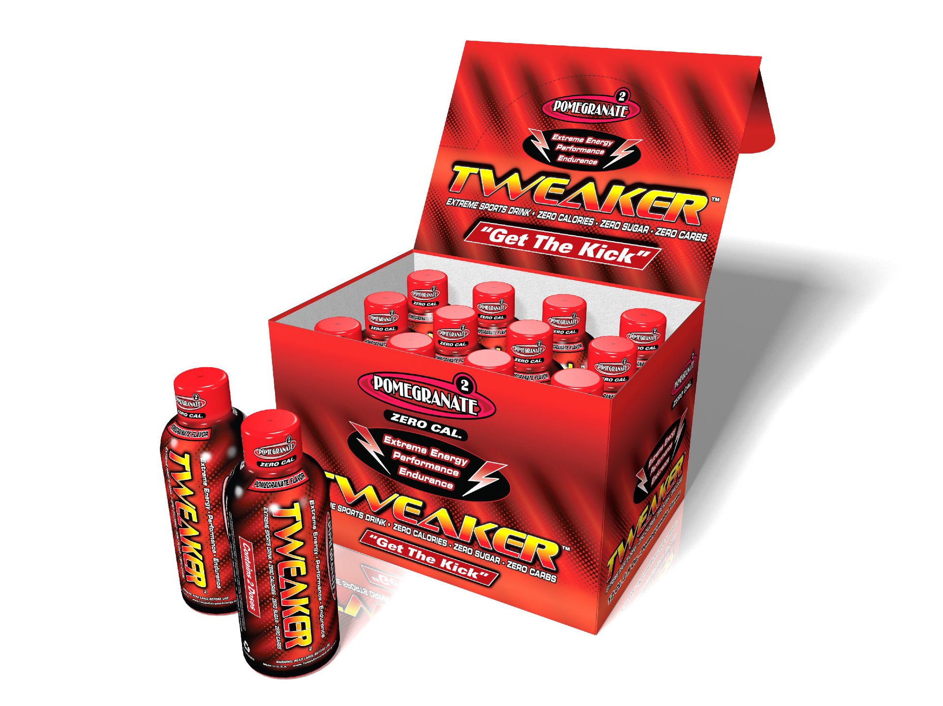 Image shows 12-ct caddy of Tweaker Energy Shot, Pomegranate Flavor