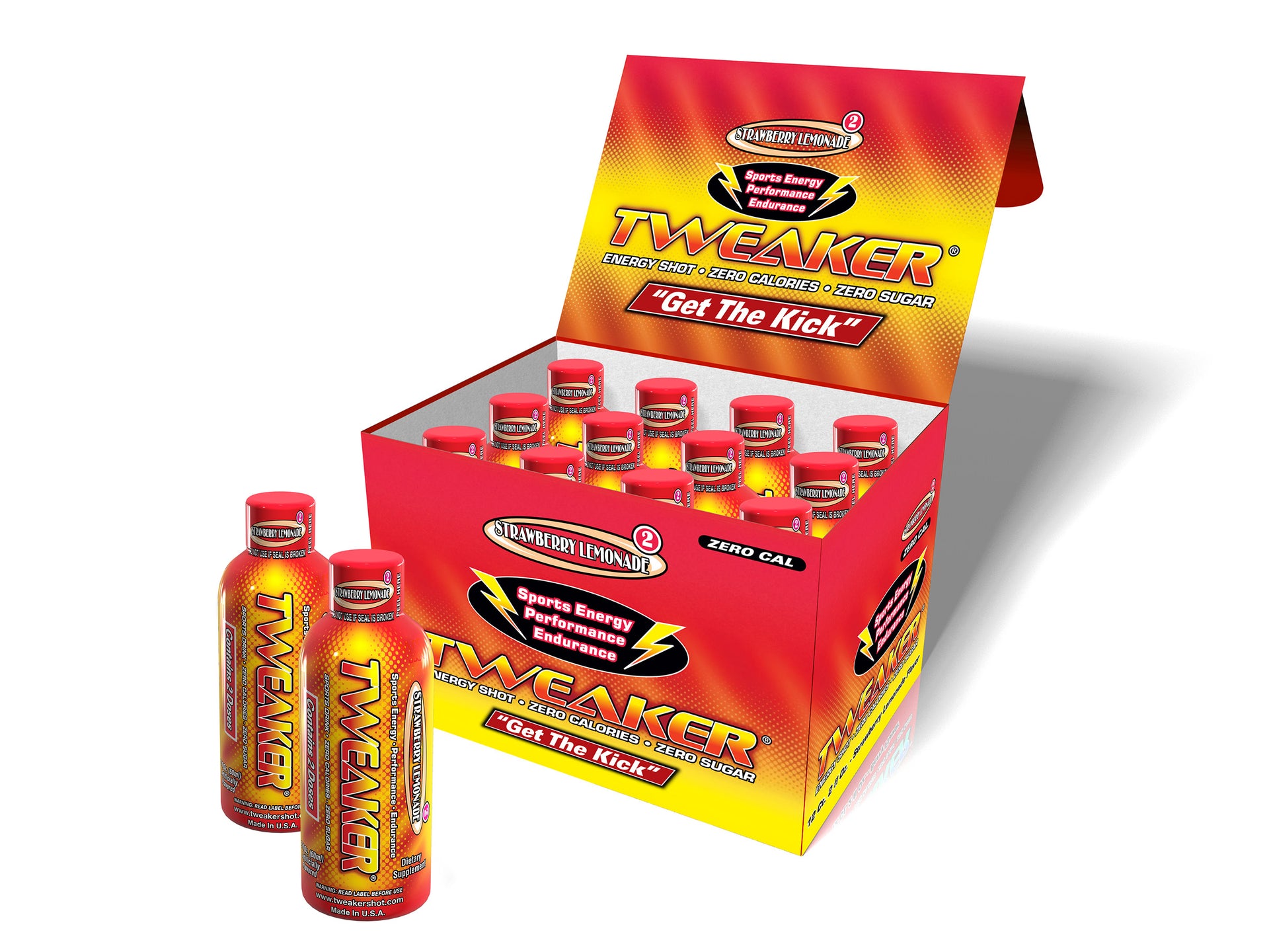 Image shows 12-ct caddy of Tweaker Energy Shot, Strawberry Lemonade Flavor