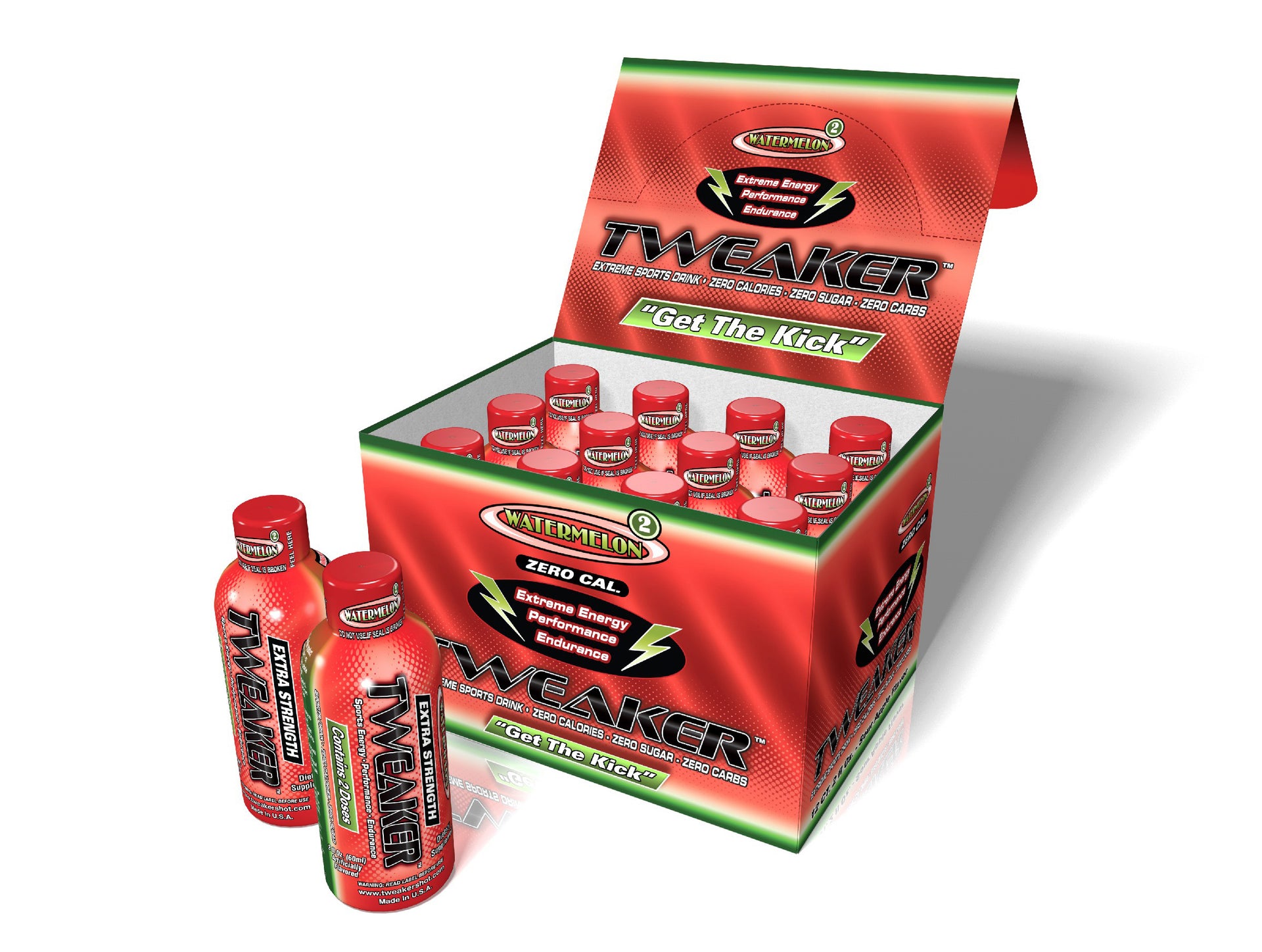 Image shows 12-ct caddy of Tweaker Energy Shot, Watermelon Flavor